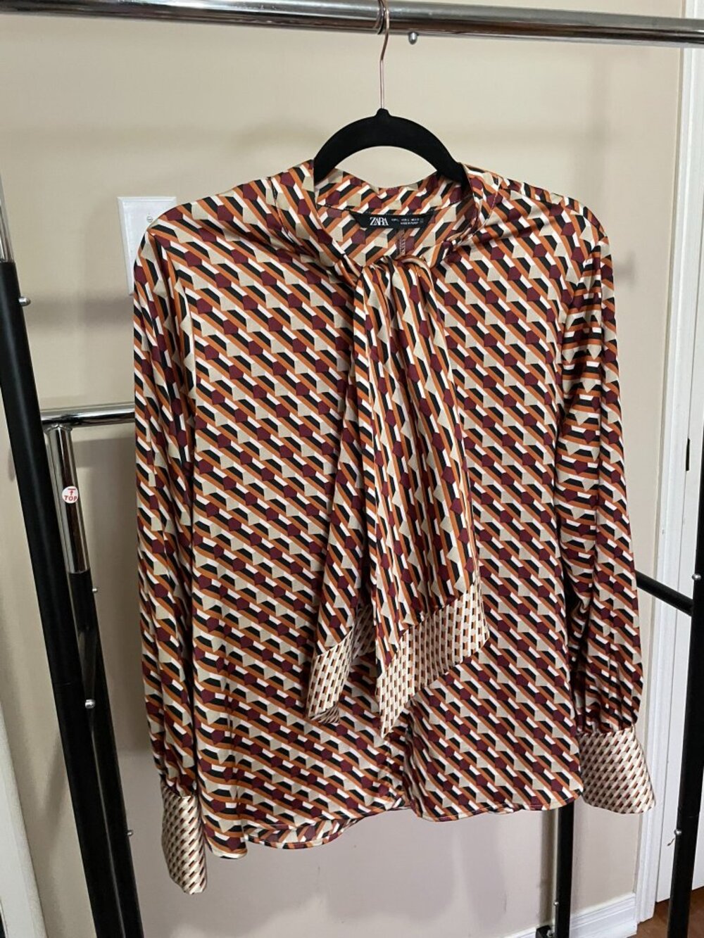 Bow Collared Blouse, Orange Patterned, L